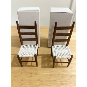 VTG Miniature Straight Chair Set 2pc Brown White Woven Seat Dollhouse 1817